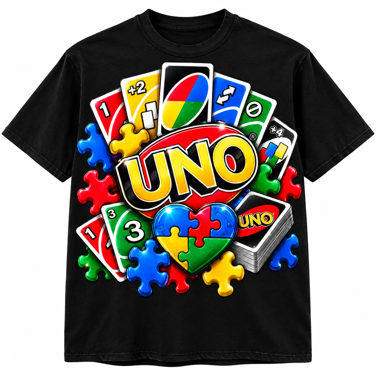 UNO-inspired graphic on a black T-shirt